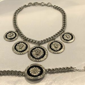 Lion Head Silver & Black Necklace Bracelet Set